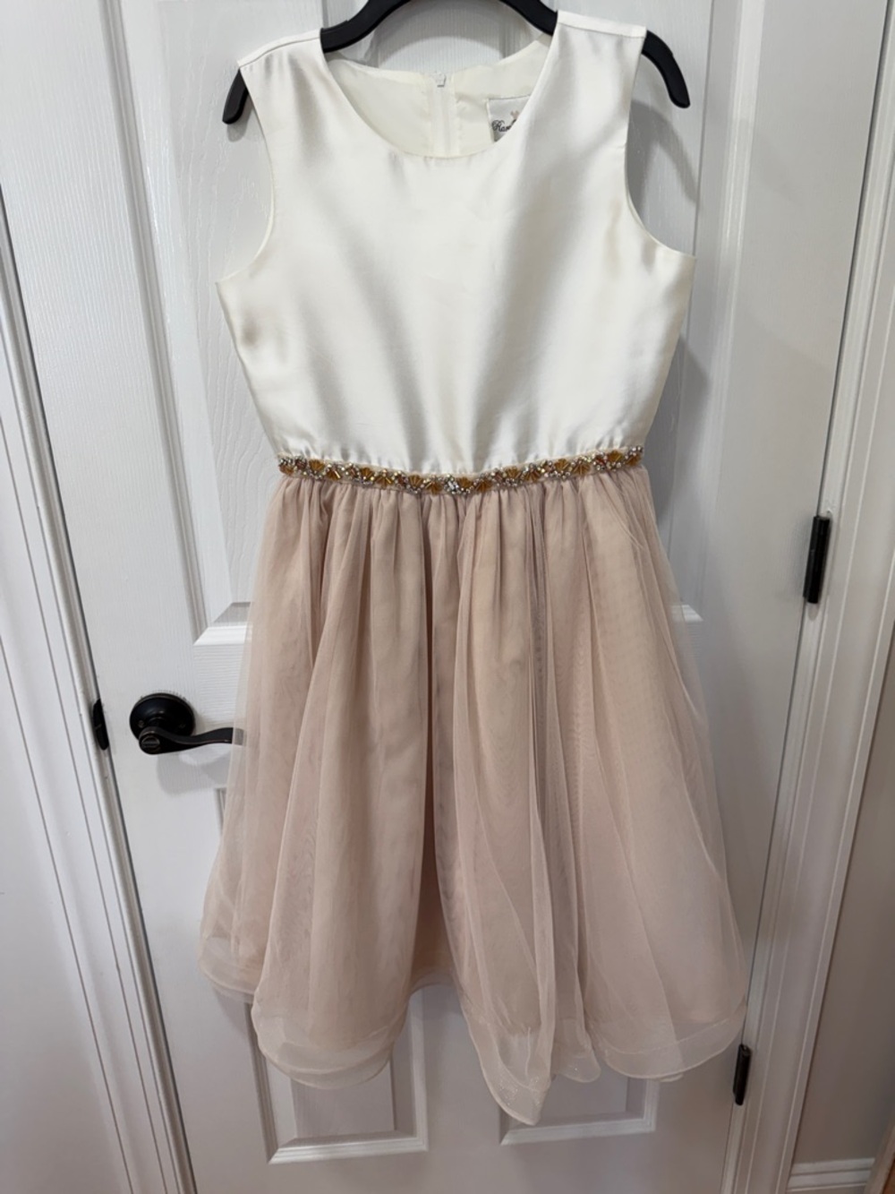 Girls Ivory and Nude Blush Tulle Party Dress with Gold Waist Detail Sz 16